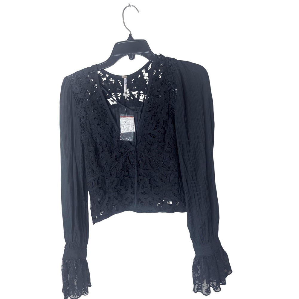 Free People Blouse Womens XS Black Crochet Lace Bellβ Sleeve Cropped Boho Top